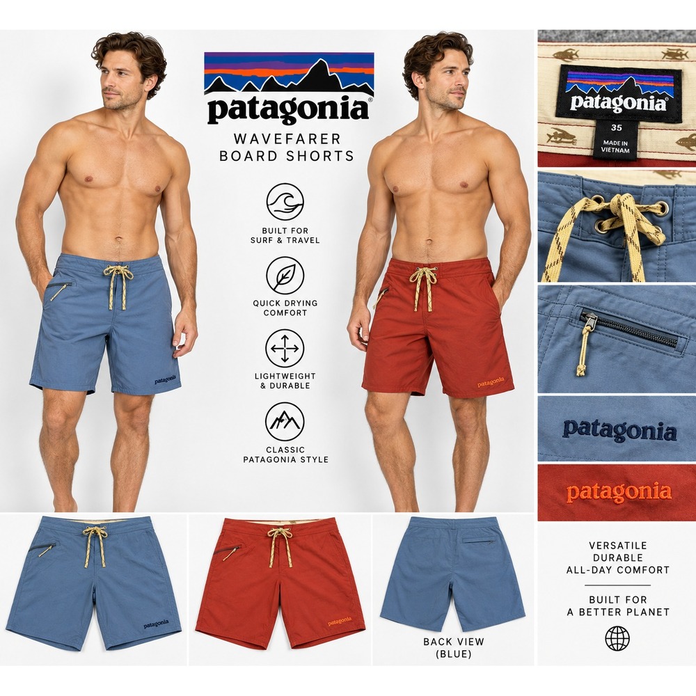Patagonia Mens 35 Wavefarer Stretch Surf Swim Board Shorts Lot 2 Blue Red